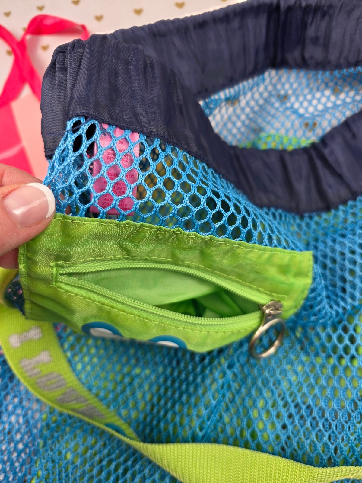 2007 VS PINK University 86 Mesh Laundry Bag Blue Green Dog BLING Vintage