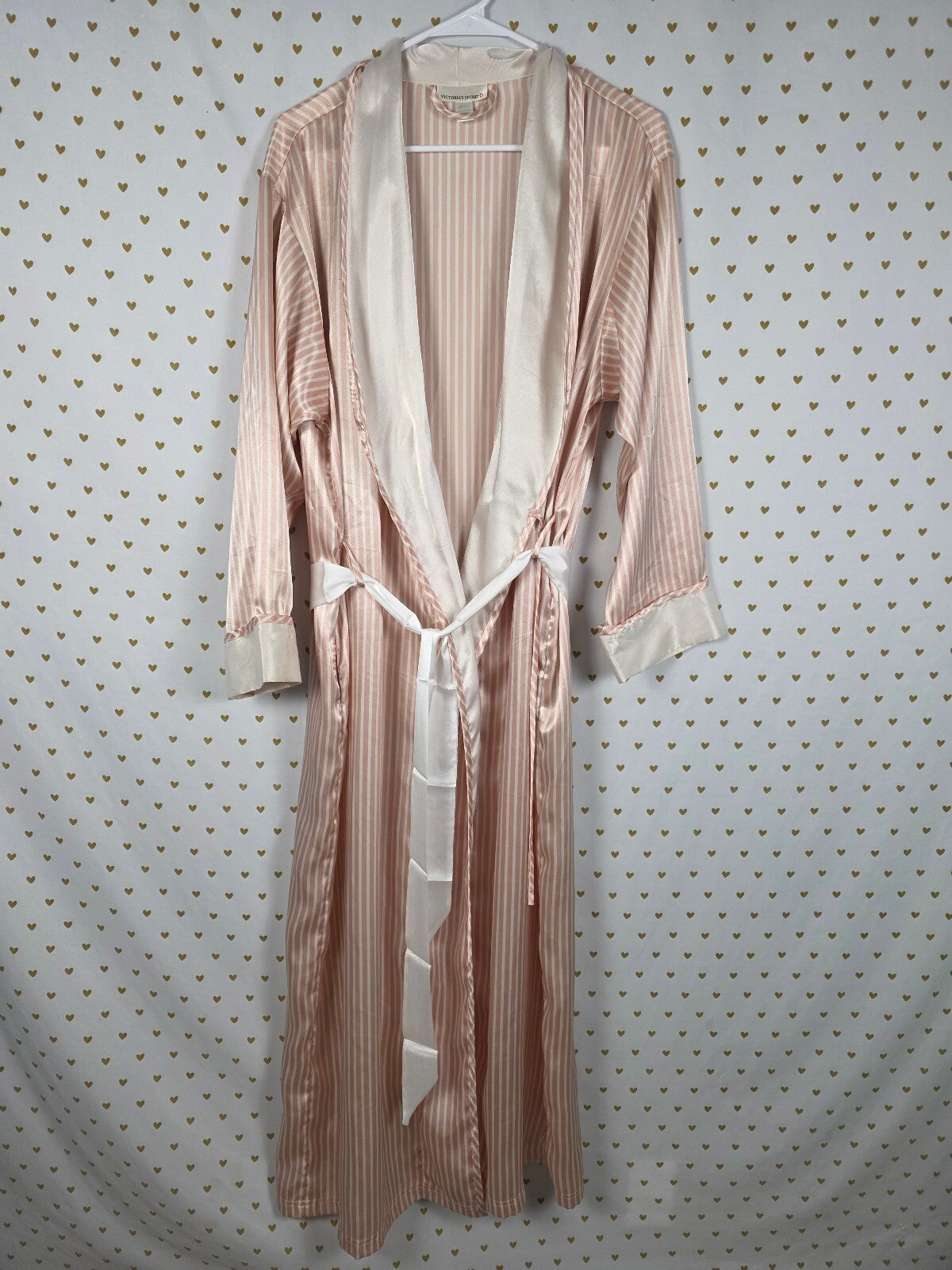 Vintage Victoria's Secret Satin Robe M Pink White Stripe Long Maxi Hong Kong