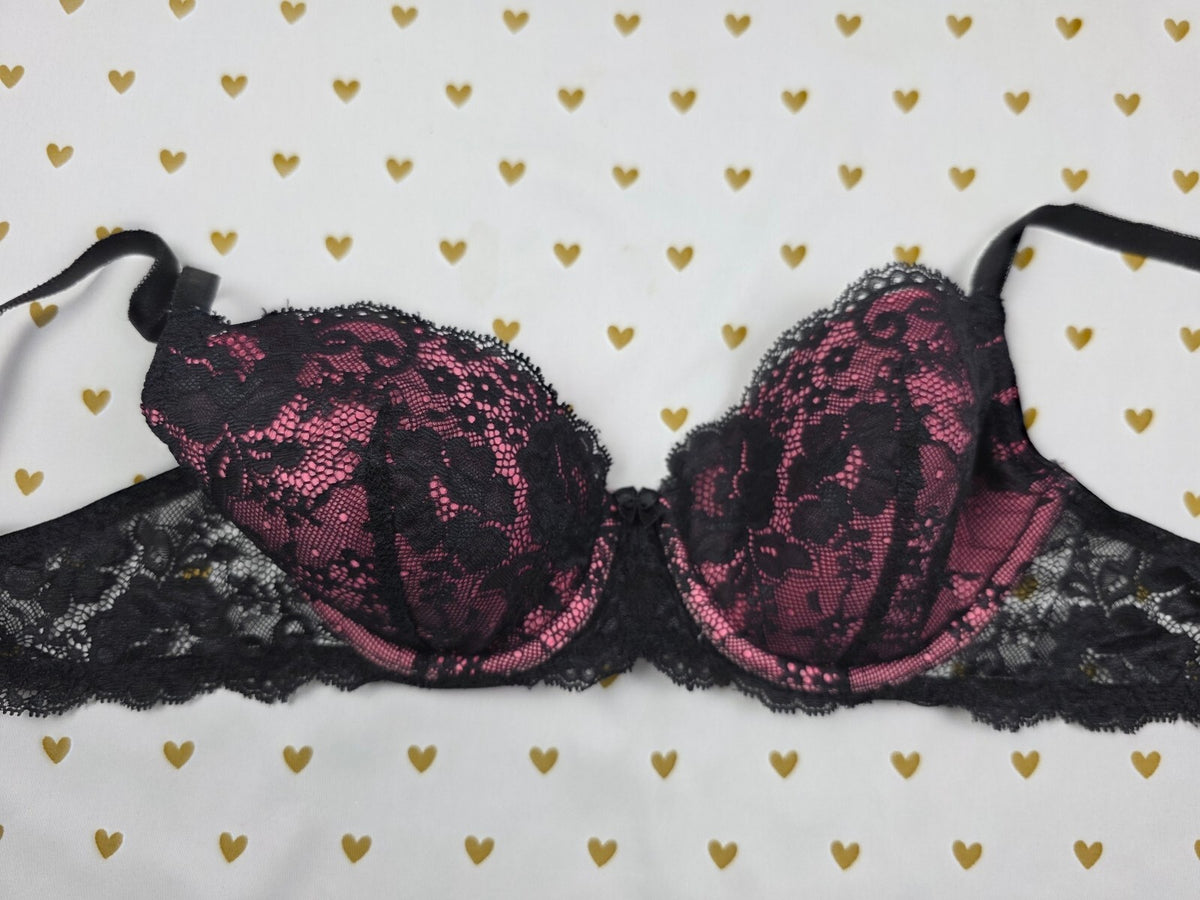 Victorias Secret Dream Angels Pink Black Lace Lined Demi Balconette Bra 34C