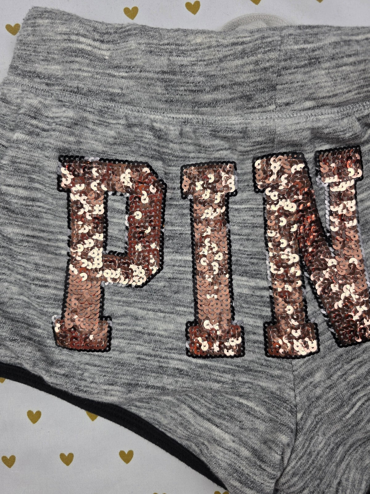Victorias Secret PINK Grey GOLD BLING SEQUIN Sweat Shorts Dog SMALL