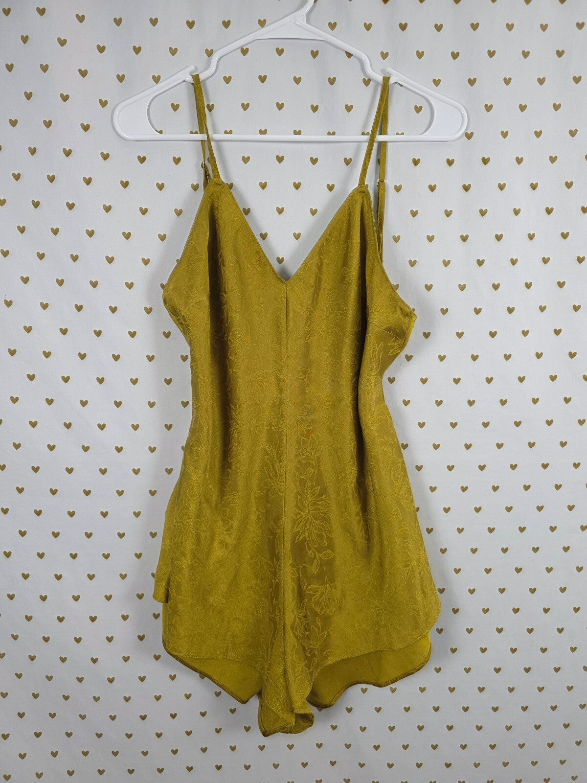 Victoria's Secret Satin Jacquard Romper L Golden Chartreuse Floral Tie Back