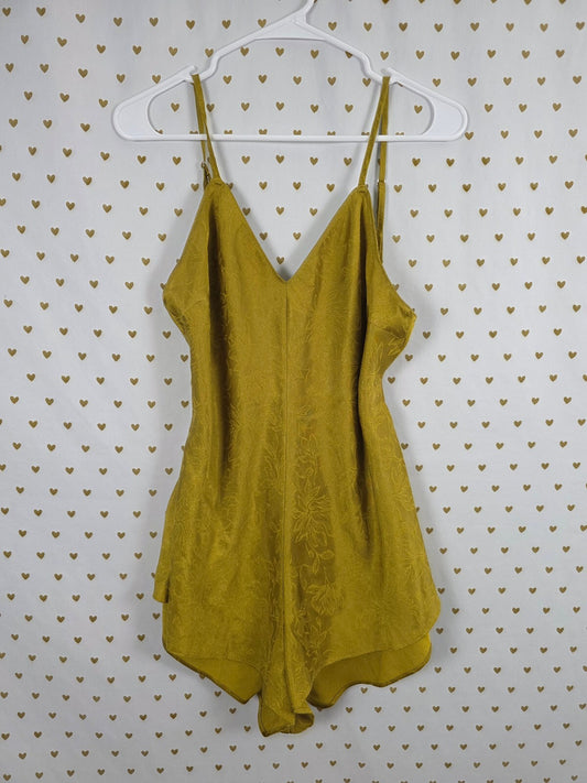 Victoria's Secret Satin Jacquard Romper L Golden Chartreuse Floral Tie Back