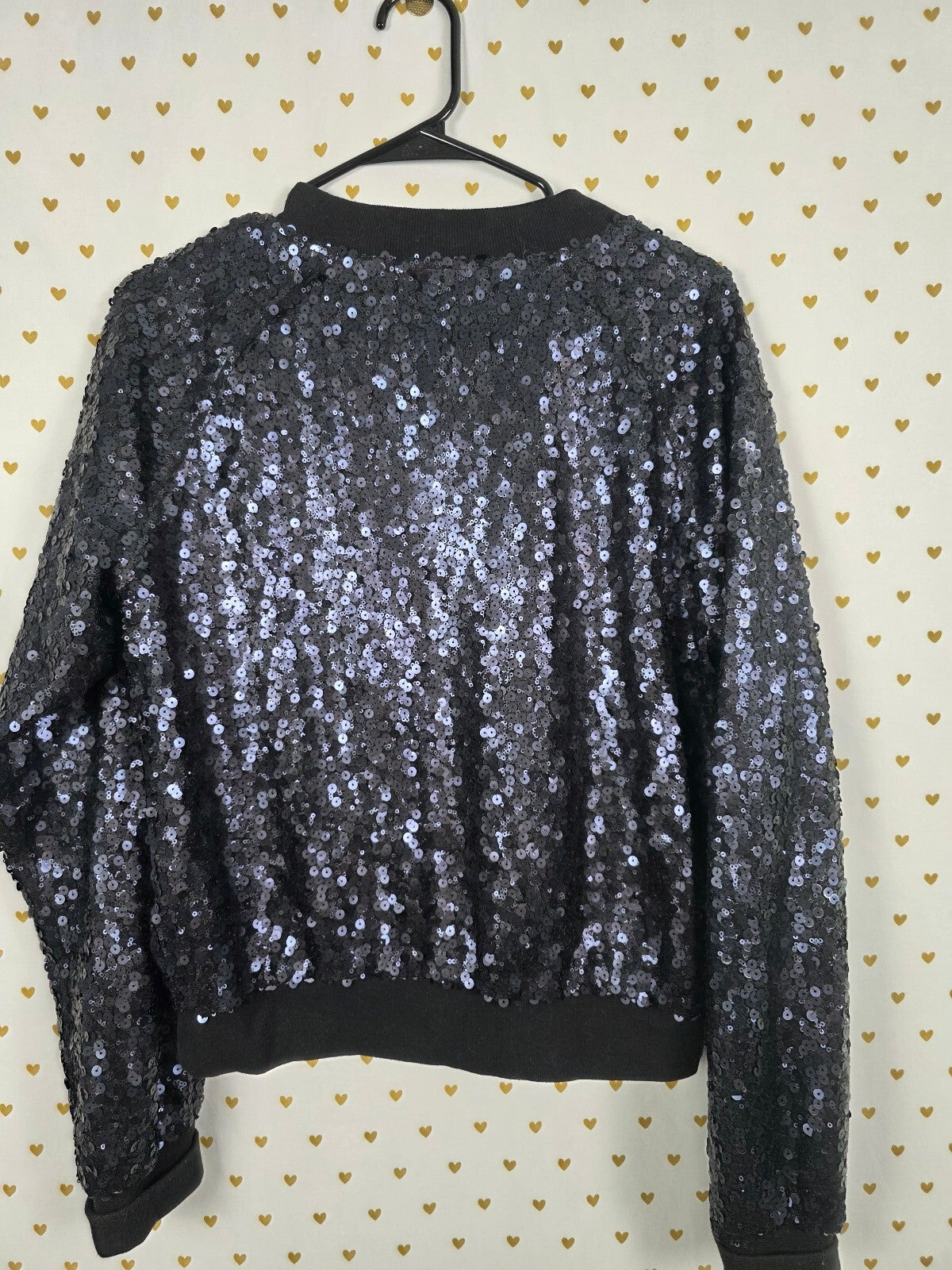 Victoria's Secret Black Sequin Bomber Jacket Full Zip Large Coat LG FULL BLING