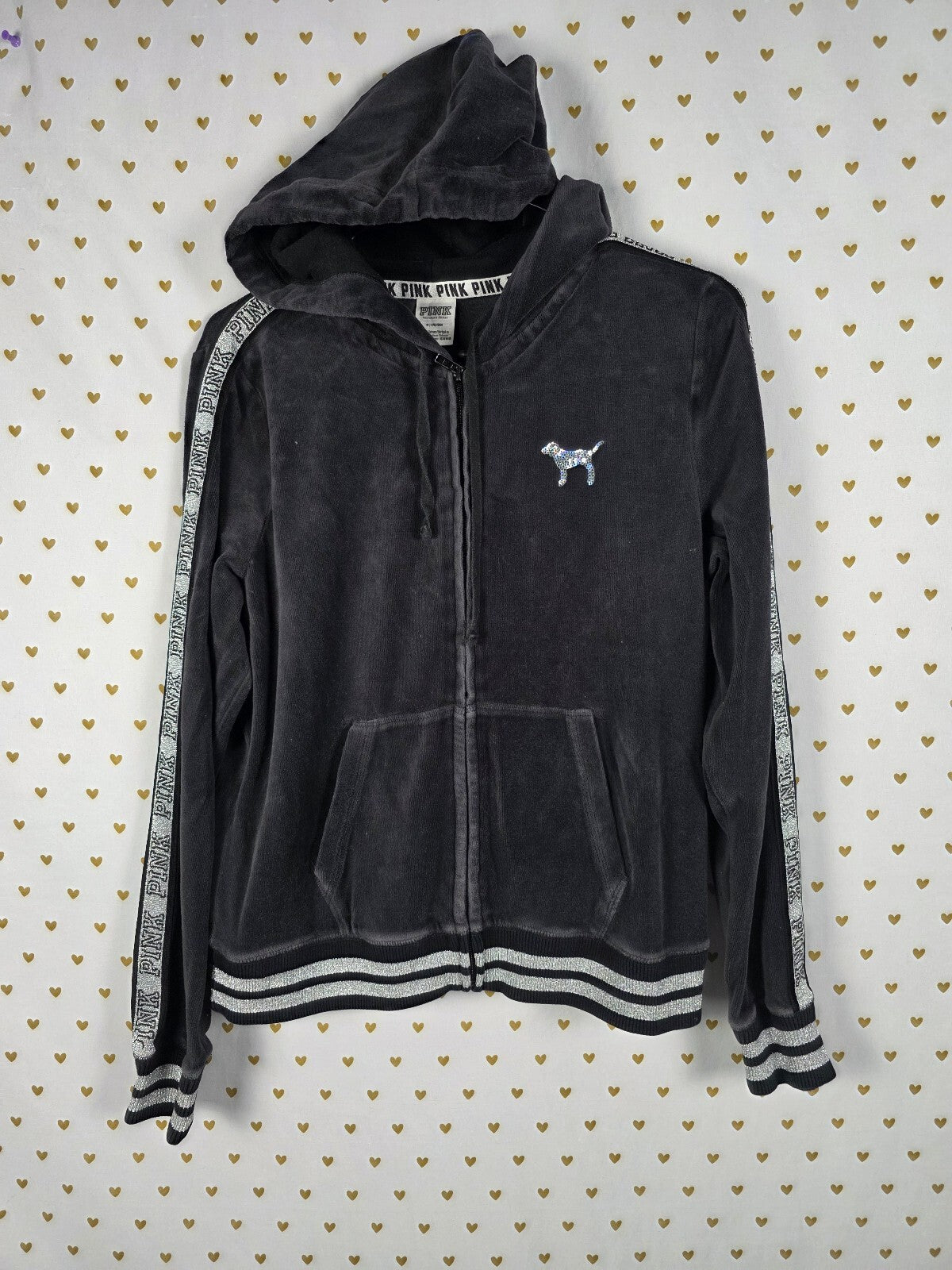 Victorias Secret Pink BLING Sequin VELOUR Hoodie Full Zip Medium Black Jacket