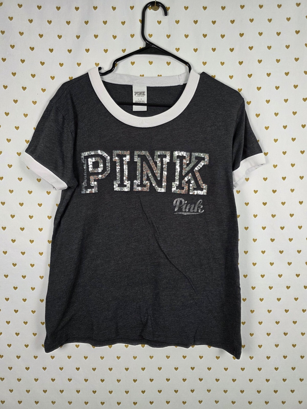 Victorias Secret PINK Grey Bling sequined Logo Tee shirt Large