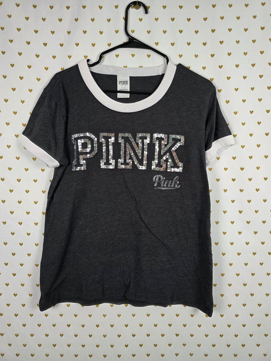 Victorias Secret PINK Grey Bling sequined Logo Tee shirt Large