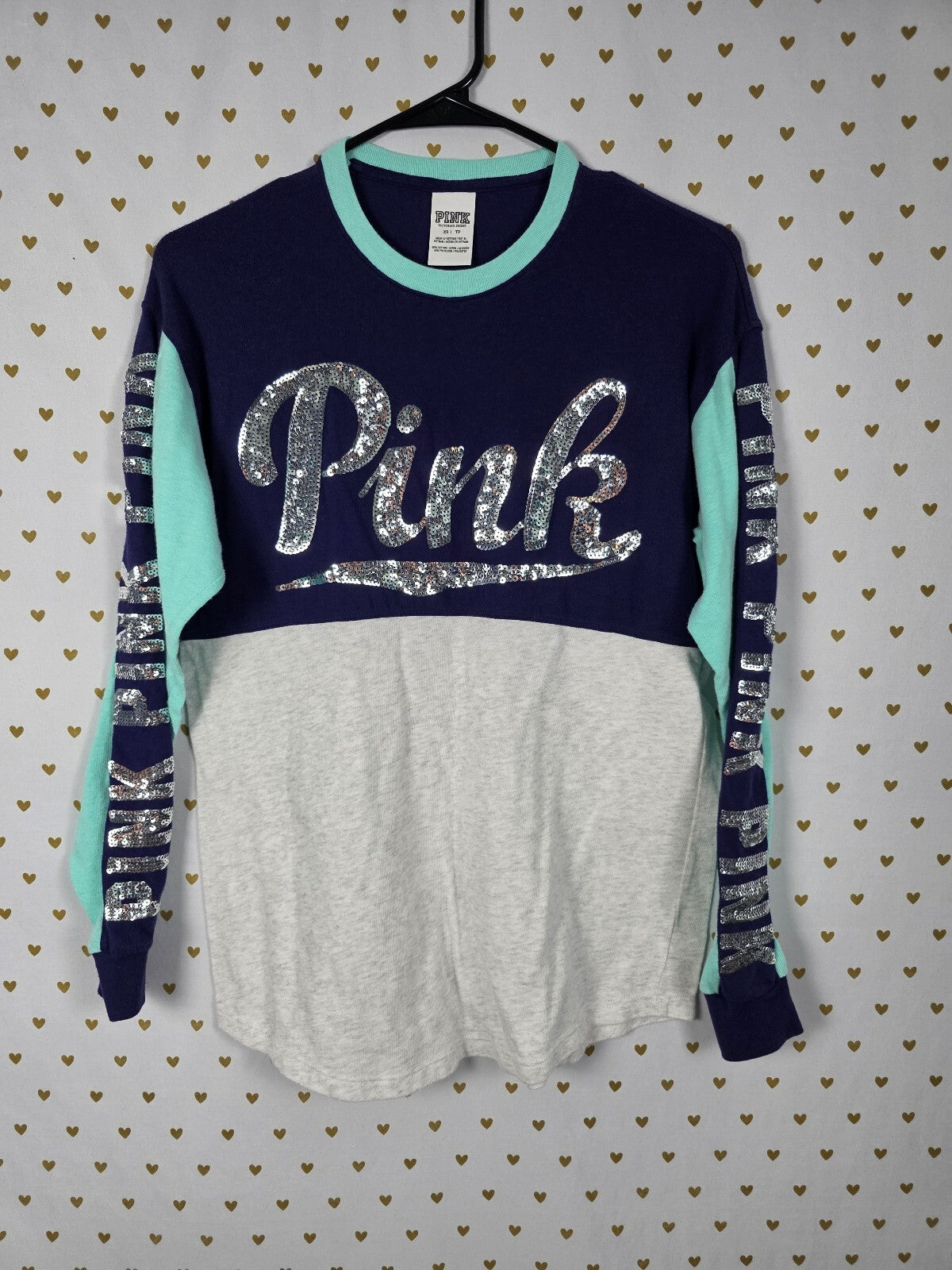 Victorias Secret PINK Bling Silver sequin Logo Long Sleeve Tee shirt Colorblock