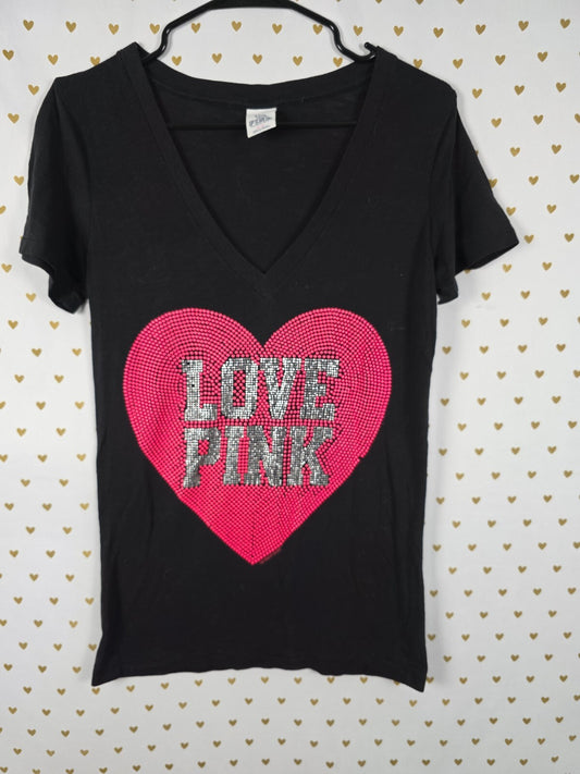 Victorias Secret PINK VINTAGE Y2k BLING Studded Heart LOVE V neck Tee shirt MED