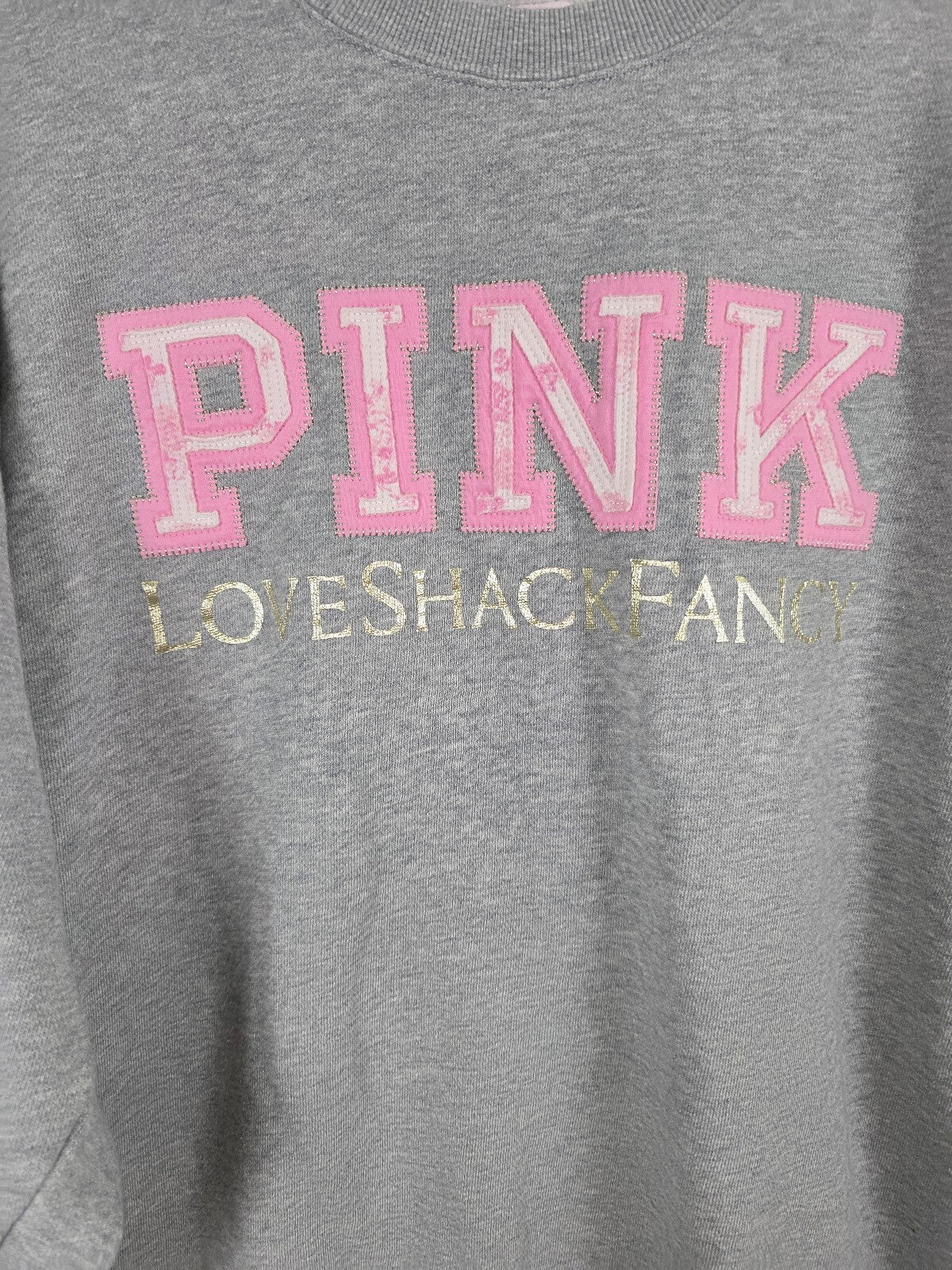 PINK x LoveShackFancy Oversized Crew Sweatshirt Large Gray Logo Bow Limited
