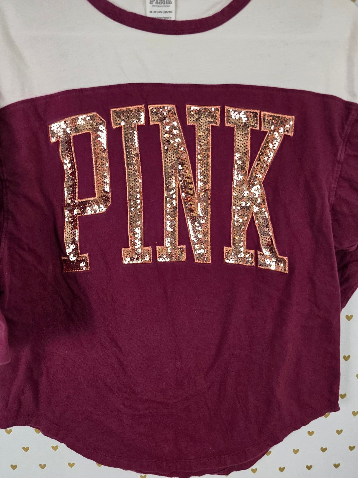 Victorias Secret PINK Maroon Gold BLING quarter sleeve Tee shirt XS