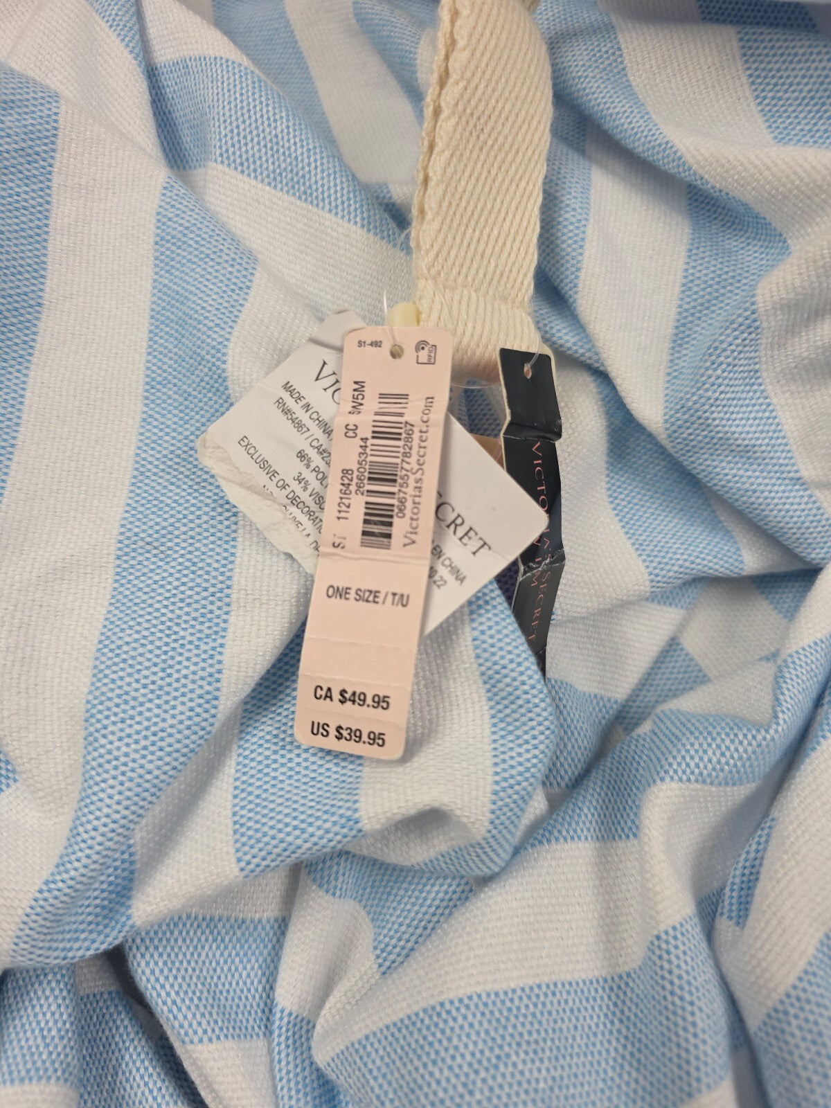Victoria’s Secret Blue White Stripe Beach Blanket NWT Fringe Carry Strap VS