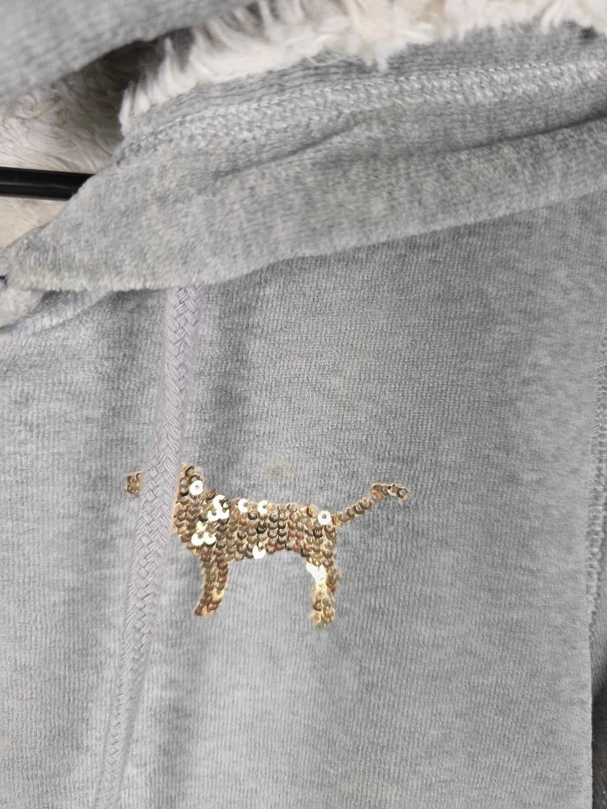 Victorias Secret Pink Fur Lined Bling Vintage Velour SET Hoodie Sweats XS S Grey