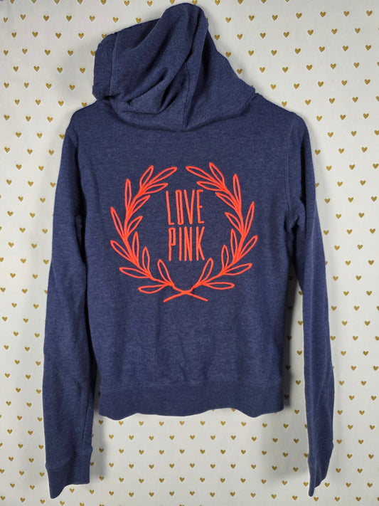 Victorias Secret Pink Blue Embroidered Crest Logo Full Zip Hoodie Jacket SMALL