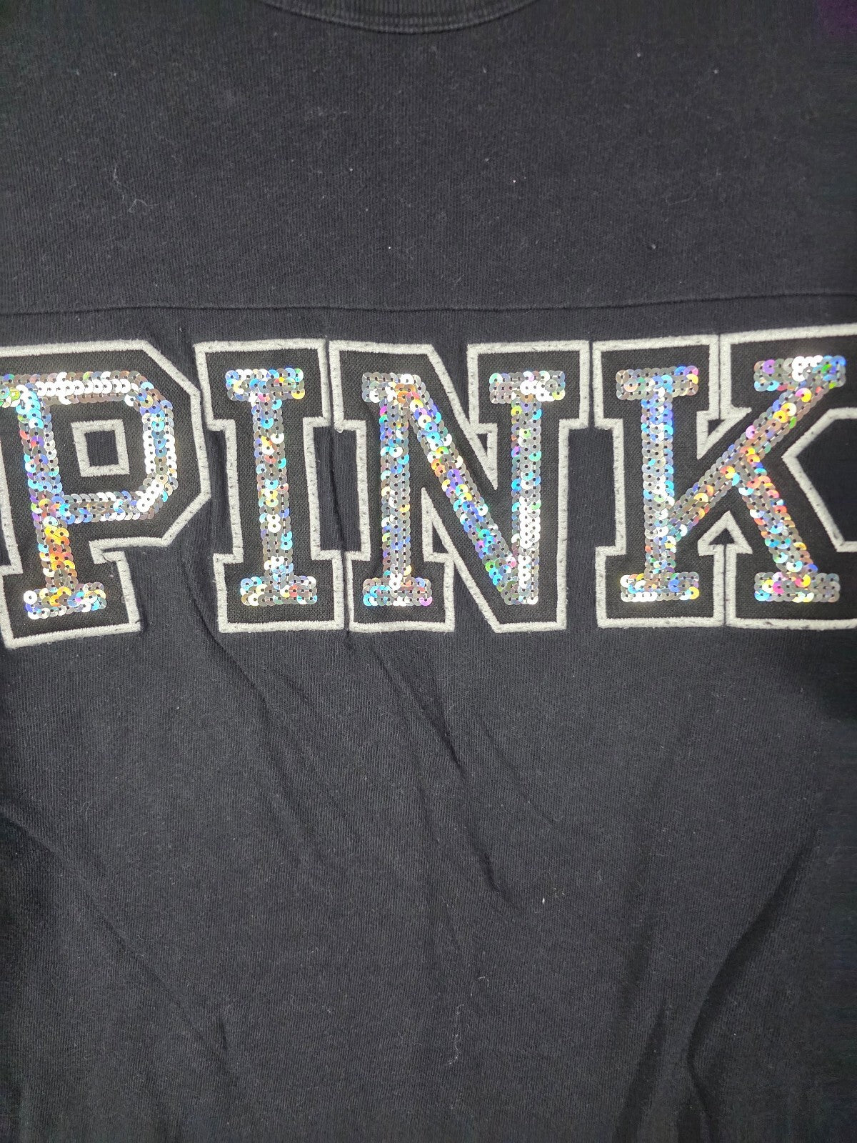 Victorias Secret PINK BLING Quarter Sleeve Logo Tee shirt Silver Sequined XS
