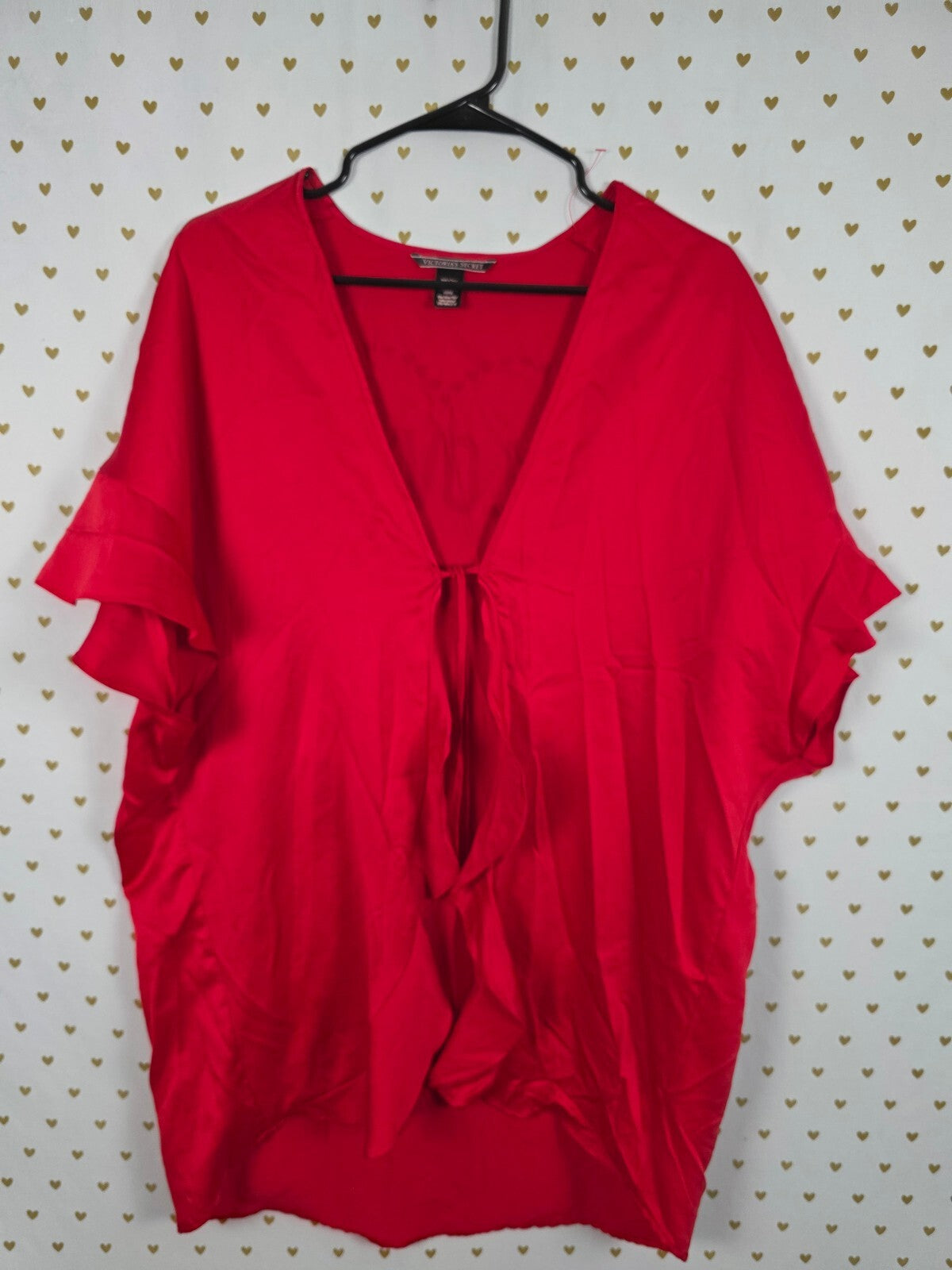 Victorias Secret Red LOVE Tie Front Ruffled Satin Silky Robe One Size Fits all
