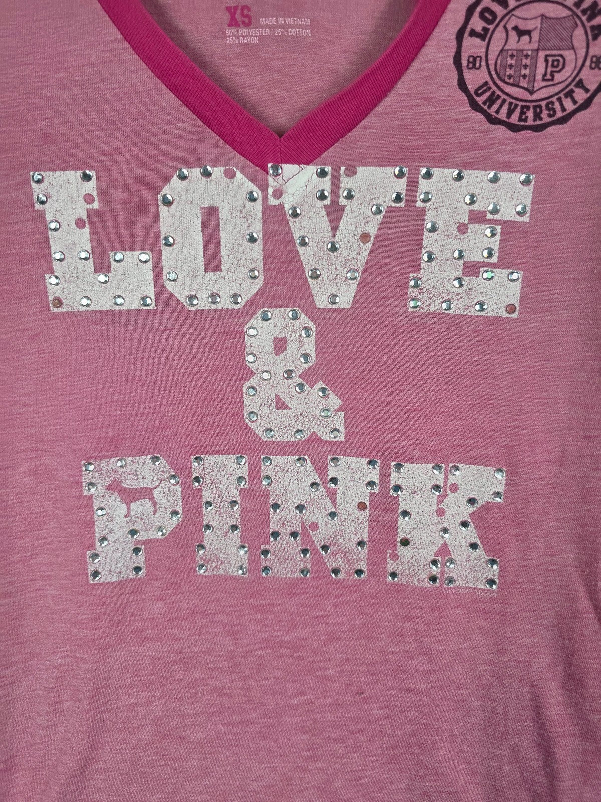 Victorias Secret PINK Vintage Bling Studded Y2k V neck Tee shirt XS
