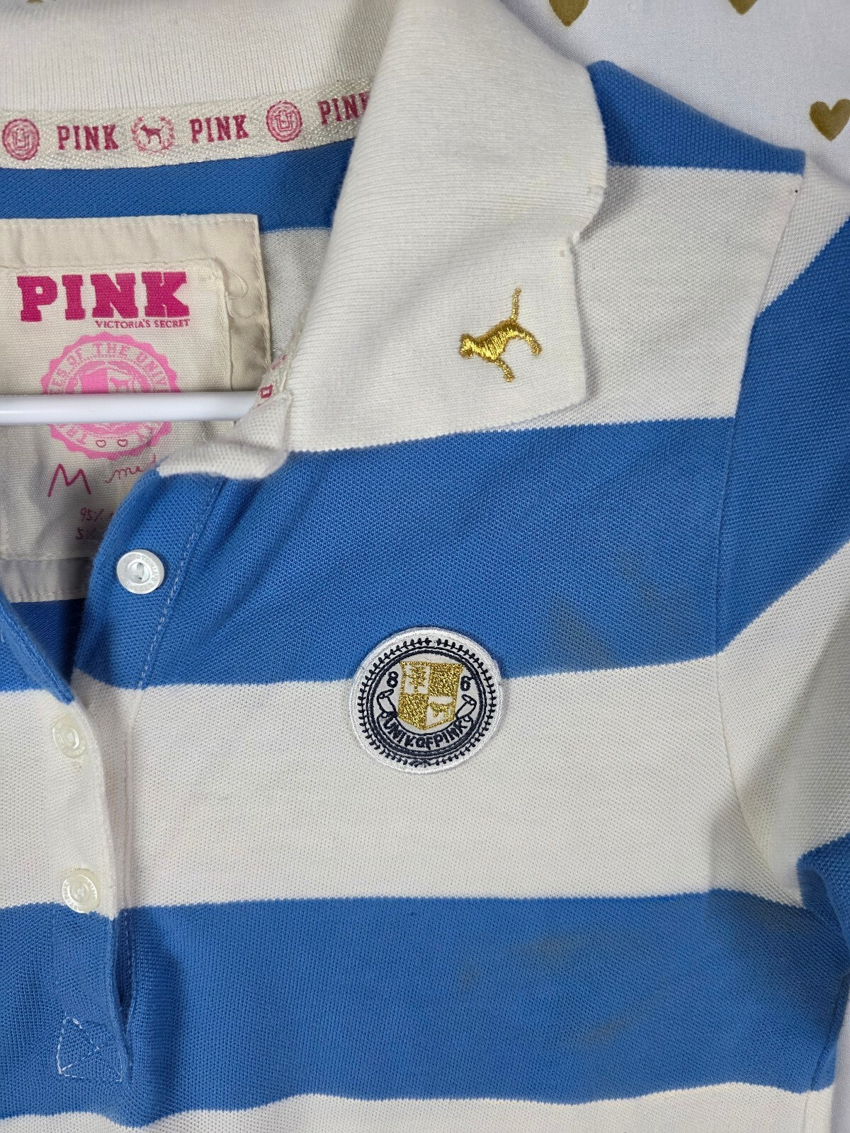 Victoria's Secret PINK Polo Shirt M Blue White Stripe Crest Gold Dog Preppy