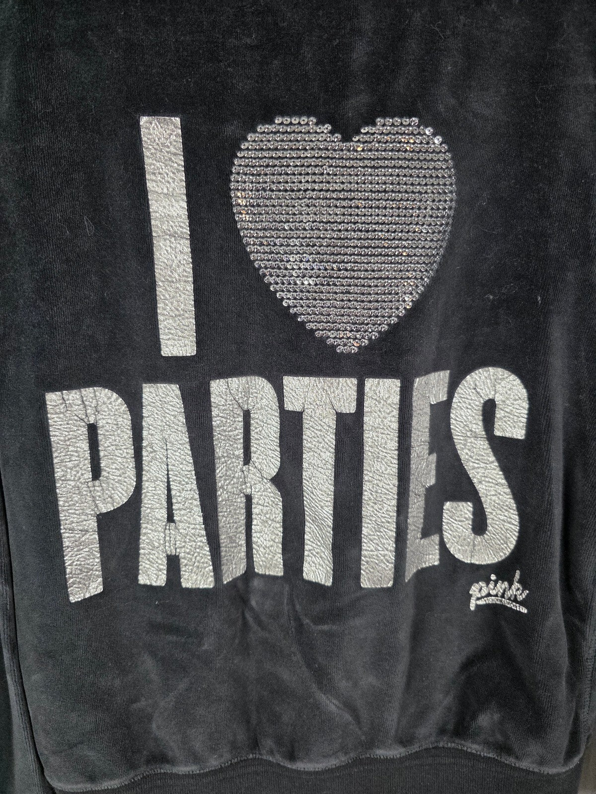 Victoria's Secret PINK Velour Zip Hoodie M Black I Love Parties BLING HTF MED