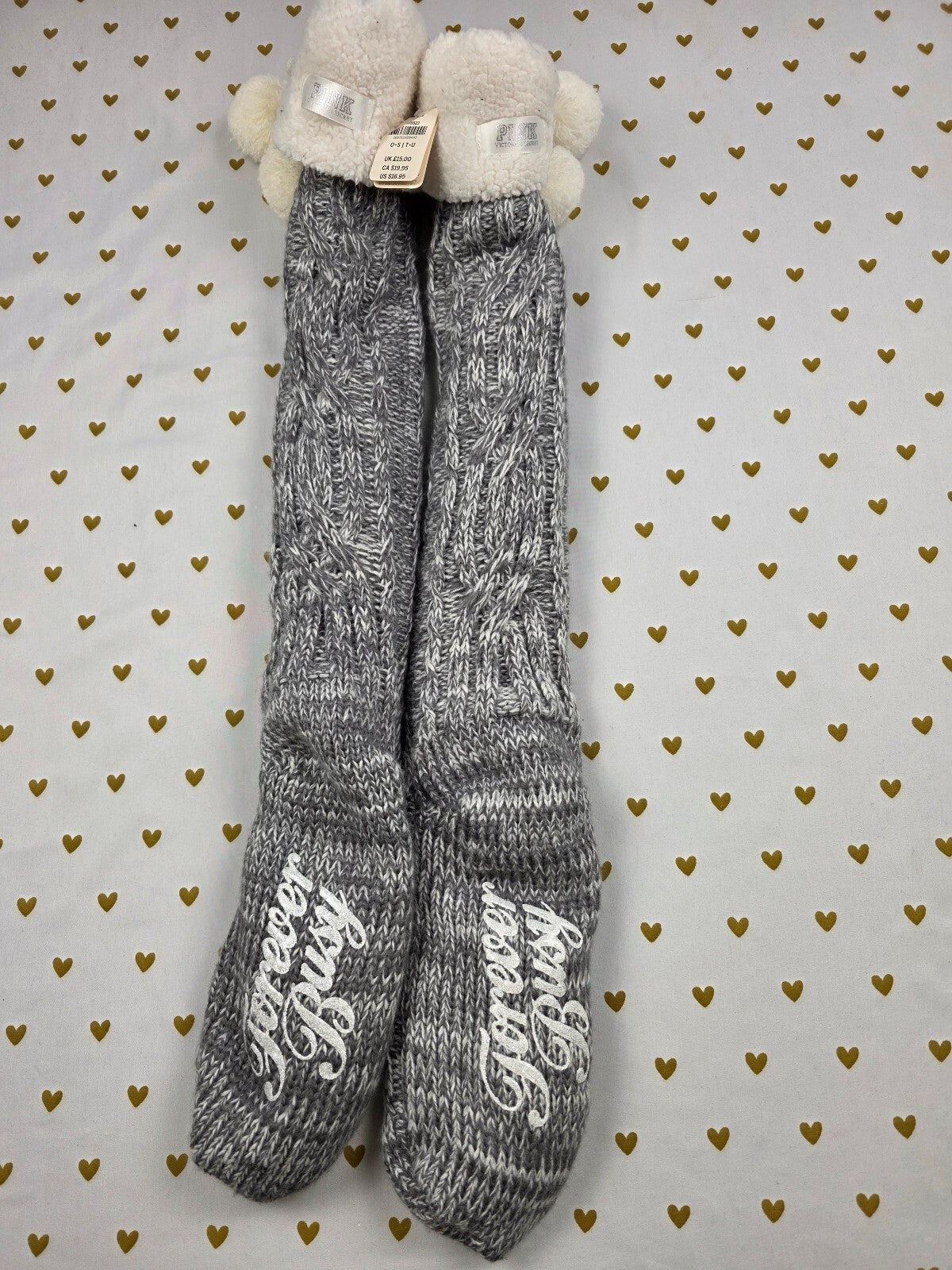 Victoria's Secret PINK Forever Busy Sherpa Cable Knit Slipper Socks NWT OS