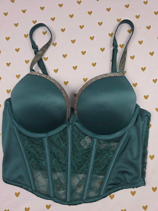 Victoria’s Secret Bombshell Green Rhinestone BLING Corset Bustier Bra 32a