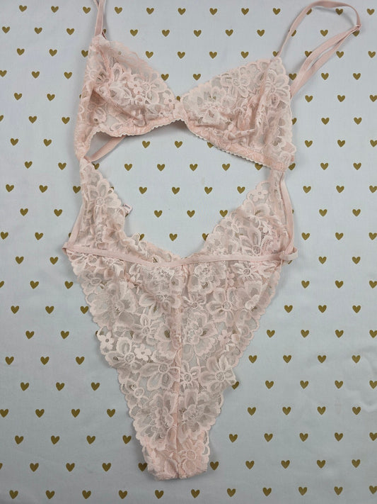 Victorias Secret Beige Lace Stretch Bodysuit Teddy Large V String Thong
