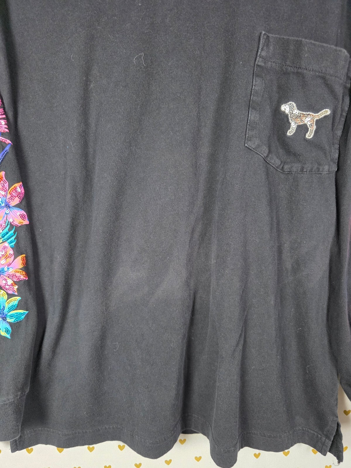 Victorias Secret PINK Hibiscus BLING Long Sleeve Pocket Tee MEDIUM Embroidered
