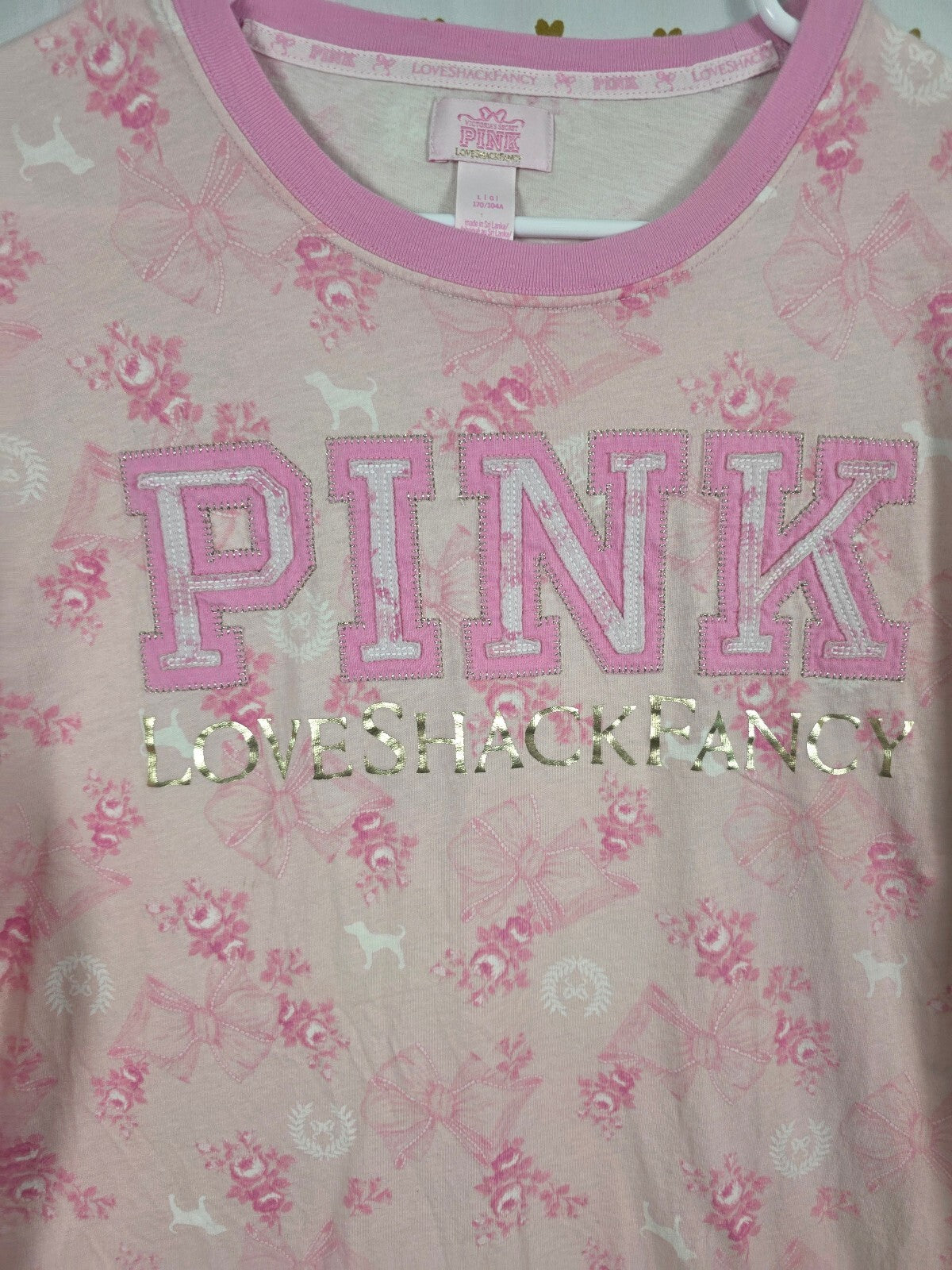 Victorias Secret PINK LOVESHACKFANCY Bows Logo Tee shirt LARGE Floral Campus Tee