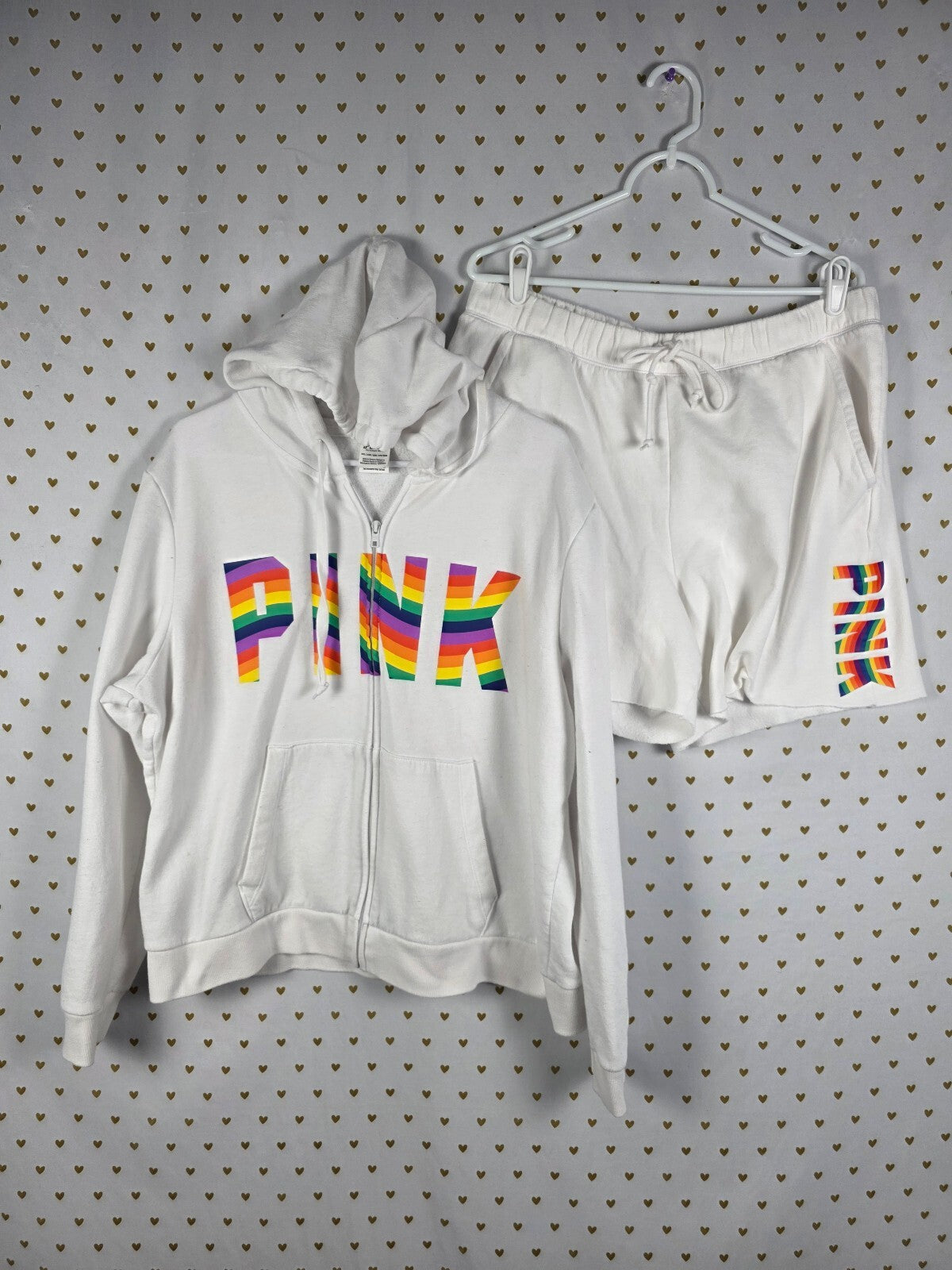 Victorias Secret Pink Rainbow Logo Sweat Shorts Hoodie Jacket SET XL XXL