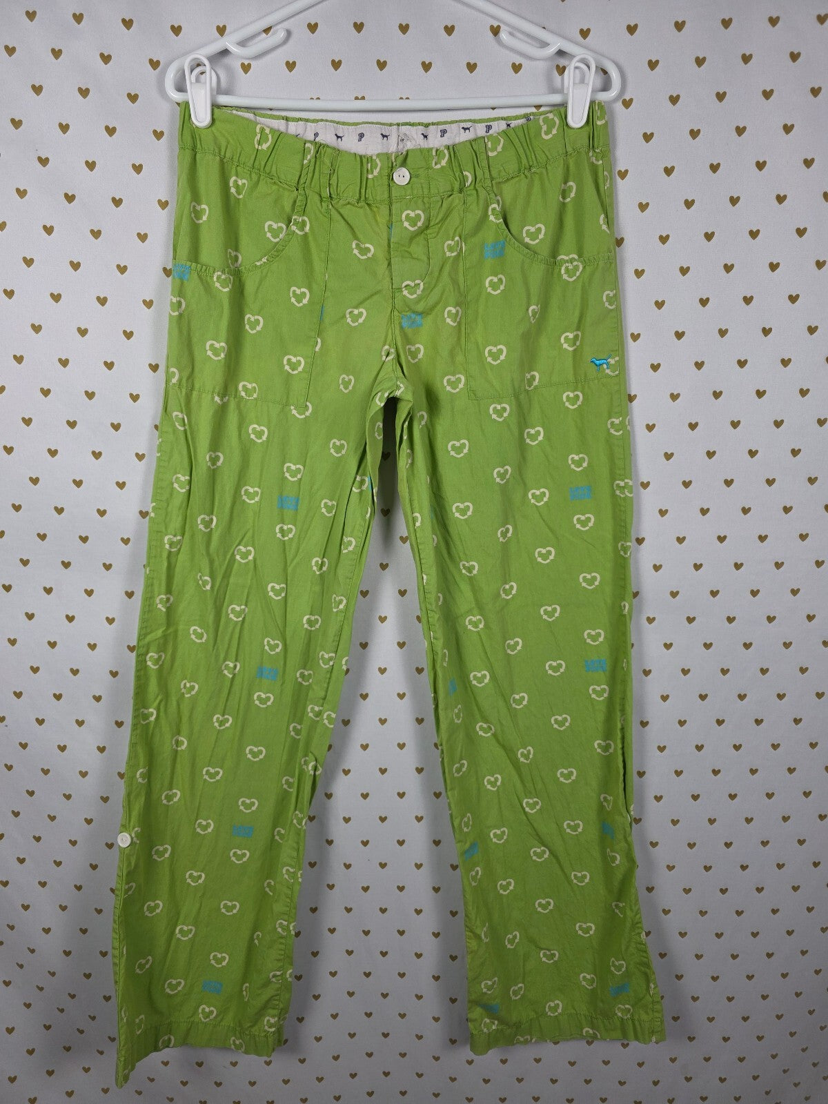 Victoria's Secret PINK Green Heart Print Convertible Cargo Pants Roll Tab Sz S