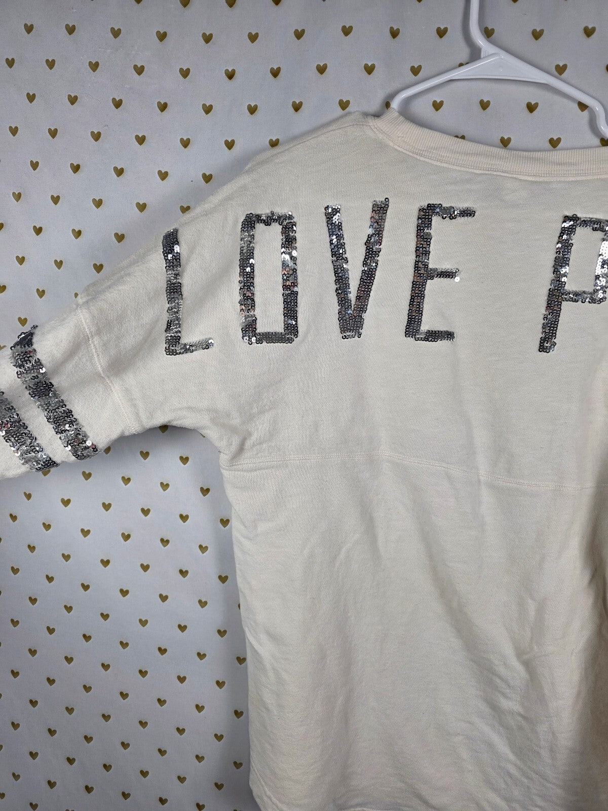 Victorias Secret PINK Cream Love Sequined Bling Sweater Shirt Small