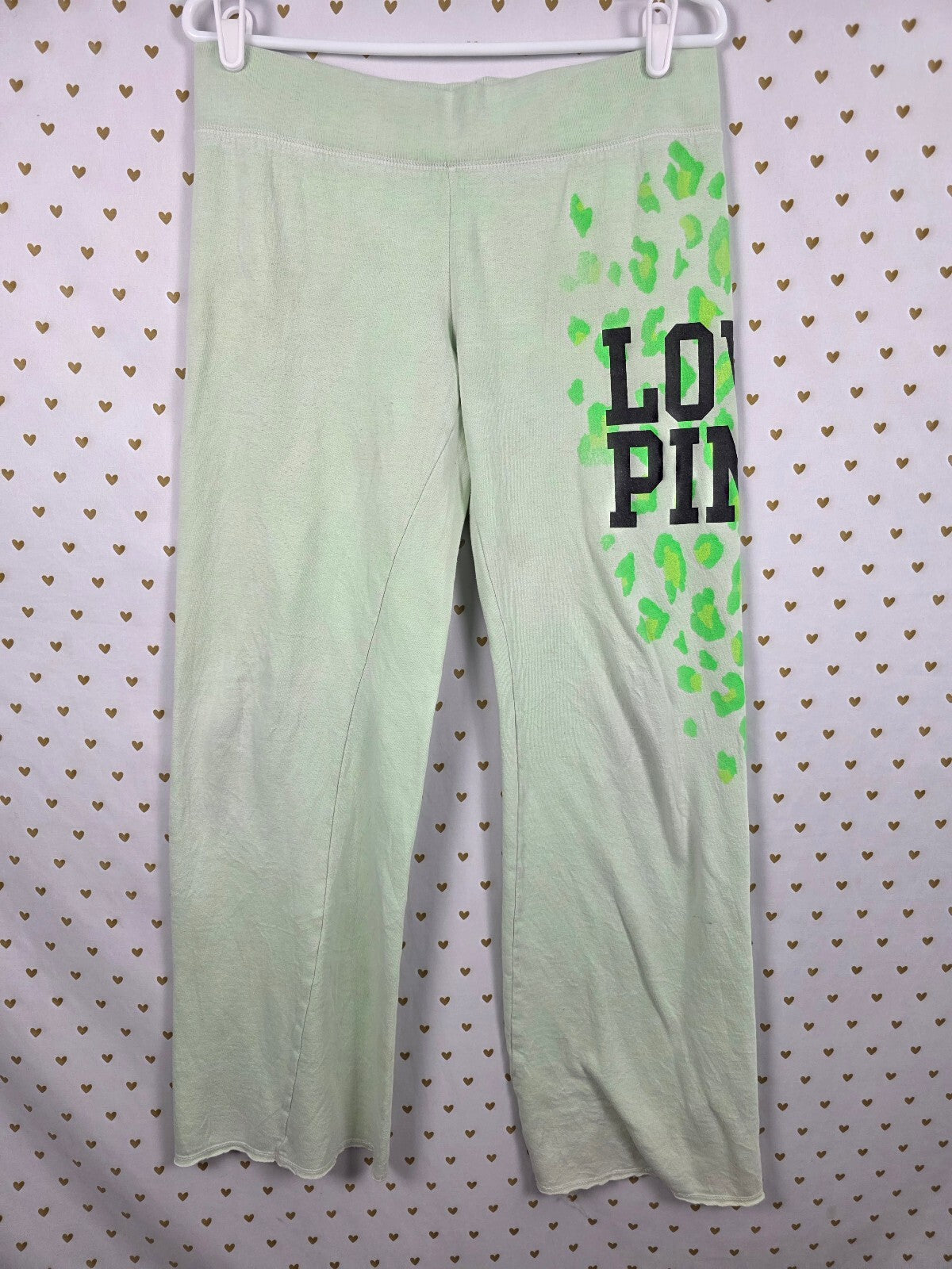 Victoria's Secret PINK LOVE PINK Pants M Neon Green Leopard Cheetah 2010 Y2K