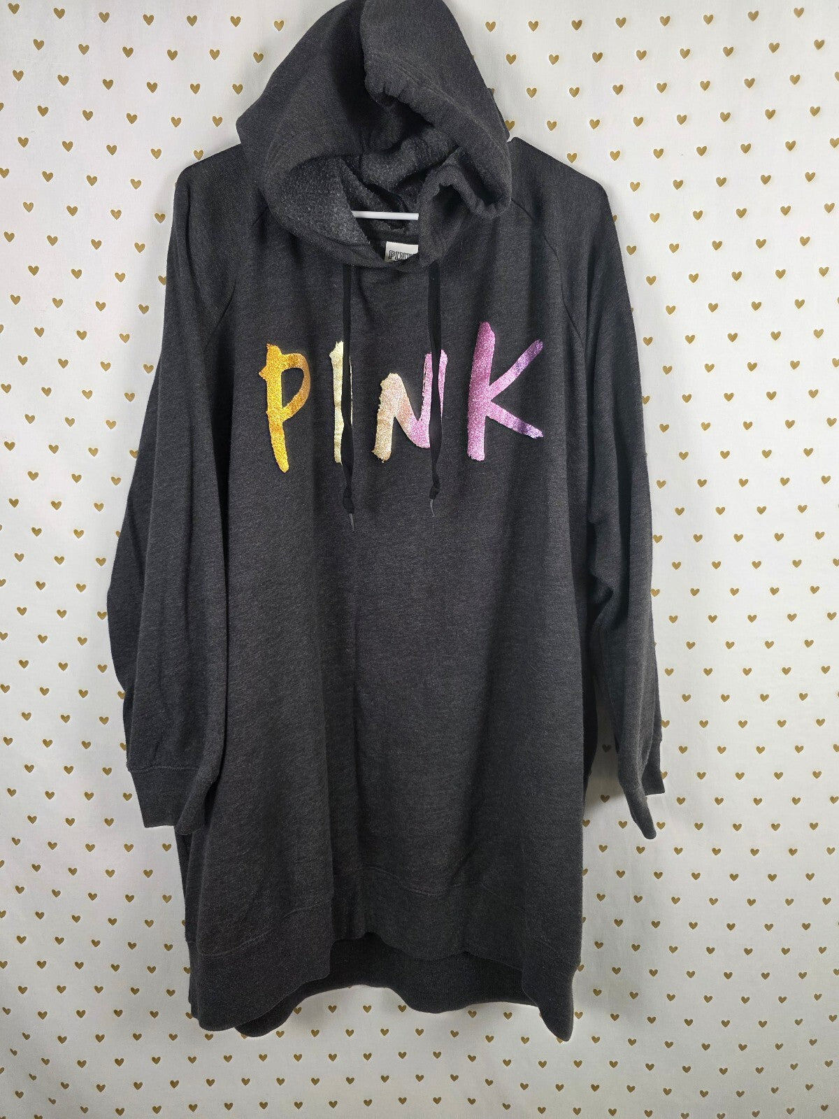 Victorias Secret PINK Glitter Logo OVersized 2XL XXL Sweater Dress Pocket Hooded