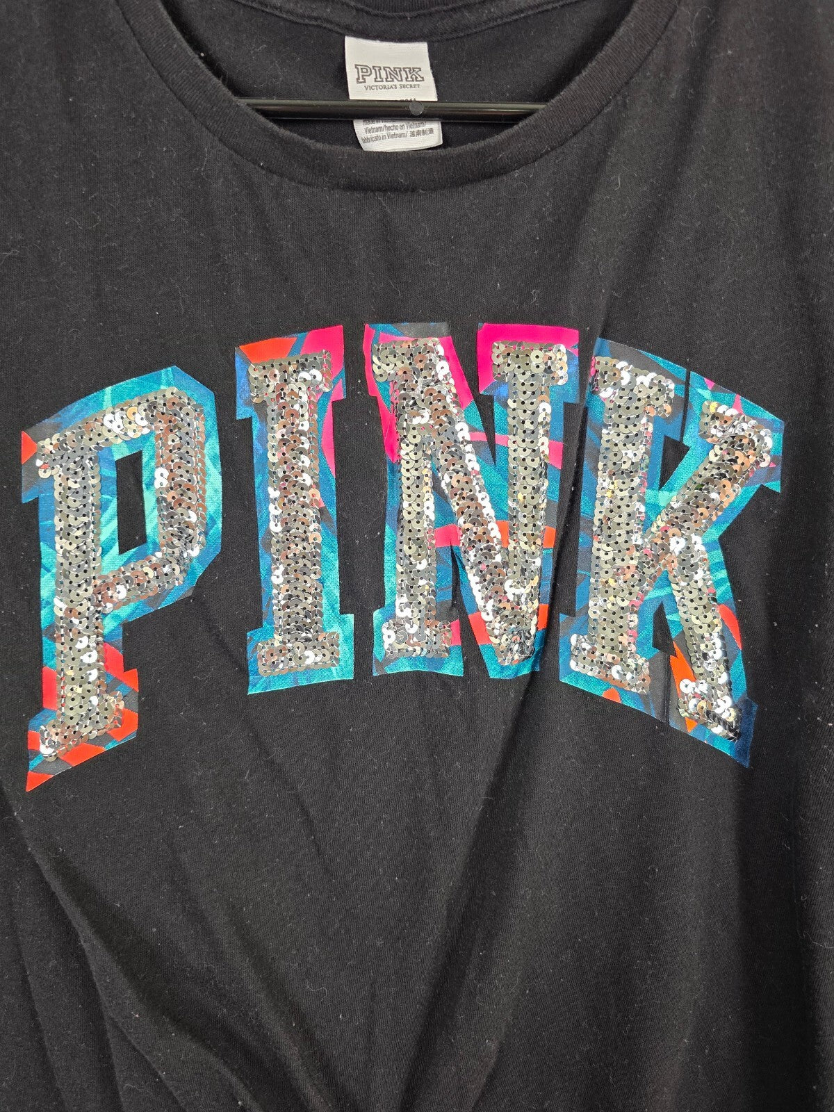 Victorias Secret PINK Rainbow Bling Sequined Cropped Black tee shirt Large