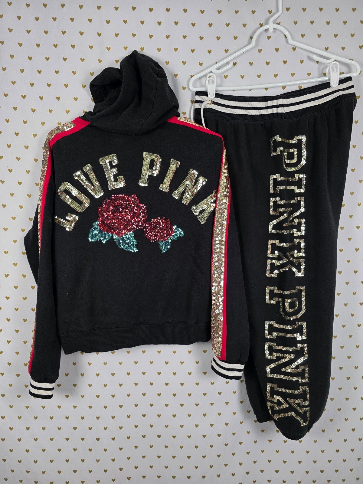 Victorias Secret Pink HTF ROSE BLING SET Sweatpants Hoodie Sweater M LARGE