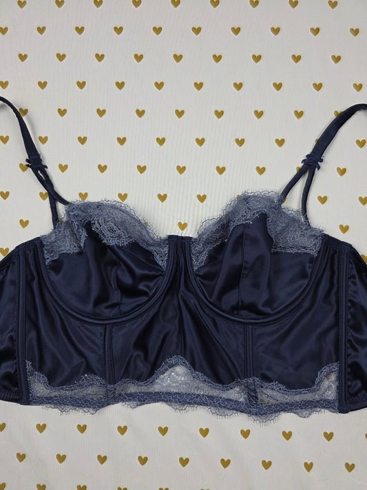 Victorias Secret Blue Satin caged Unlined Balconette demi Bra 34D