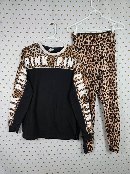 Victorias Secret PINK Cheetah SET Yoga Pants Tee shirt Small Leggings Outfit