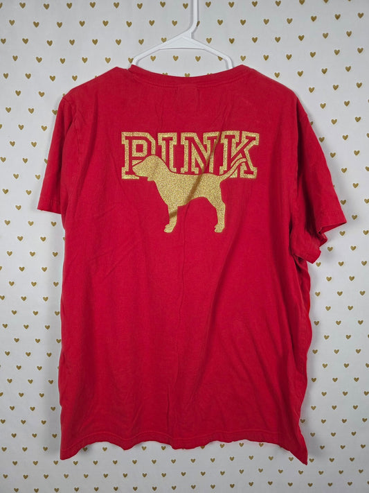 Victorias Secret PINK Gold Glitter Red Pocket Tee shirt XL