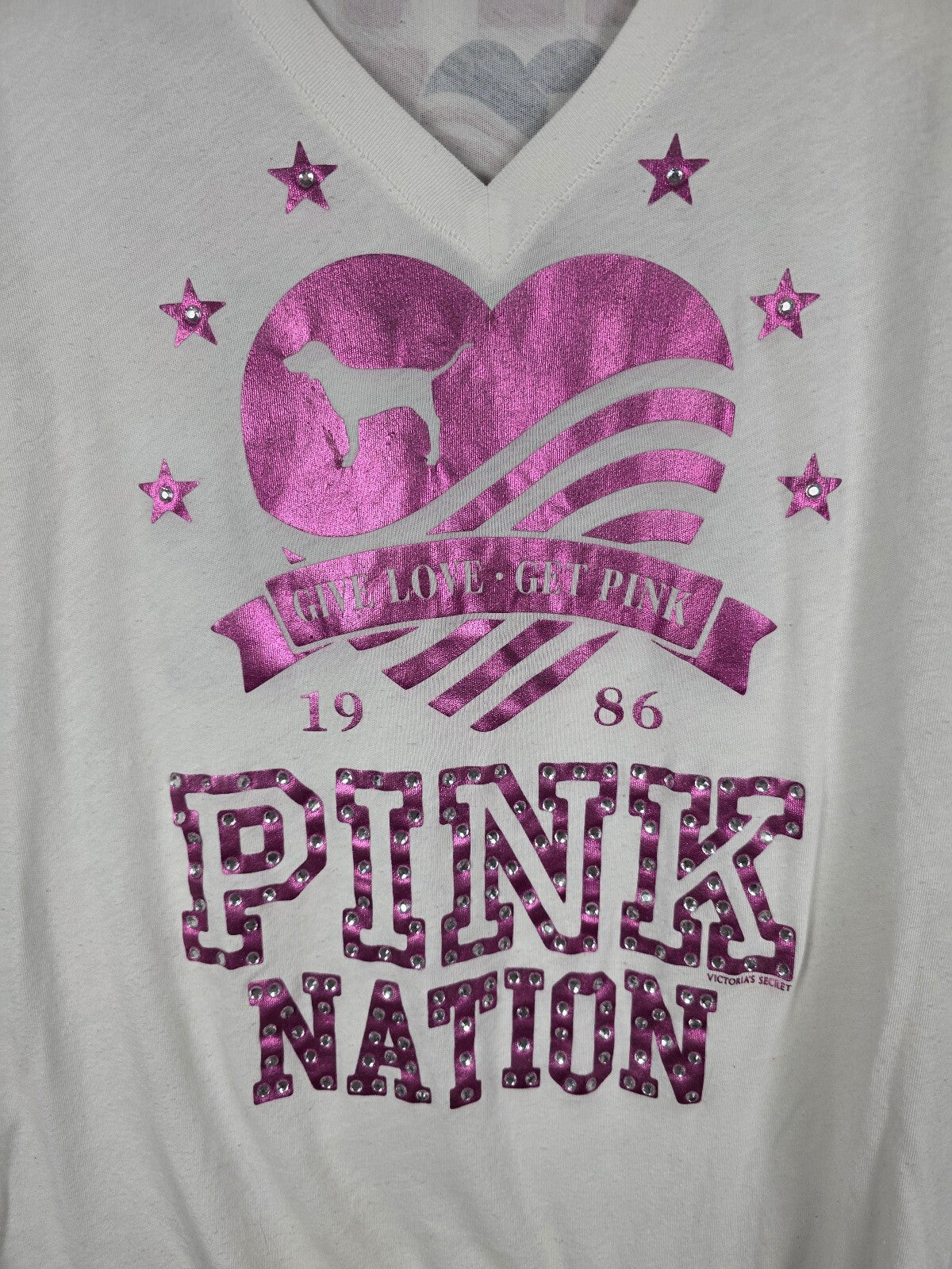 Victorias Secret PINK Vintage Collectors NATION Bling Tee Shirt V Neck Large