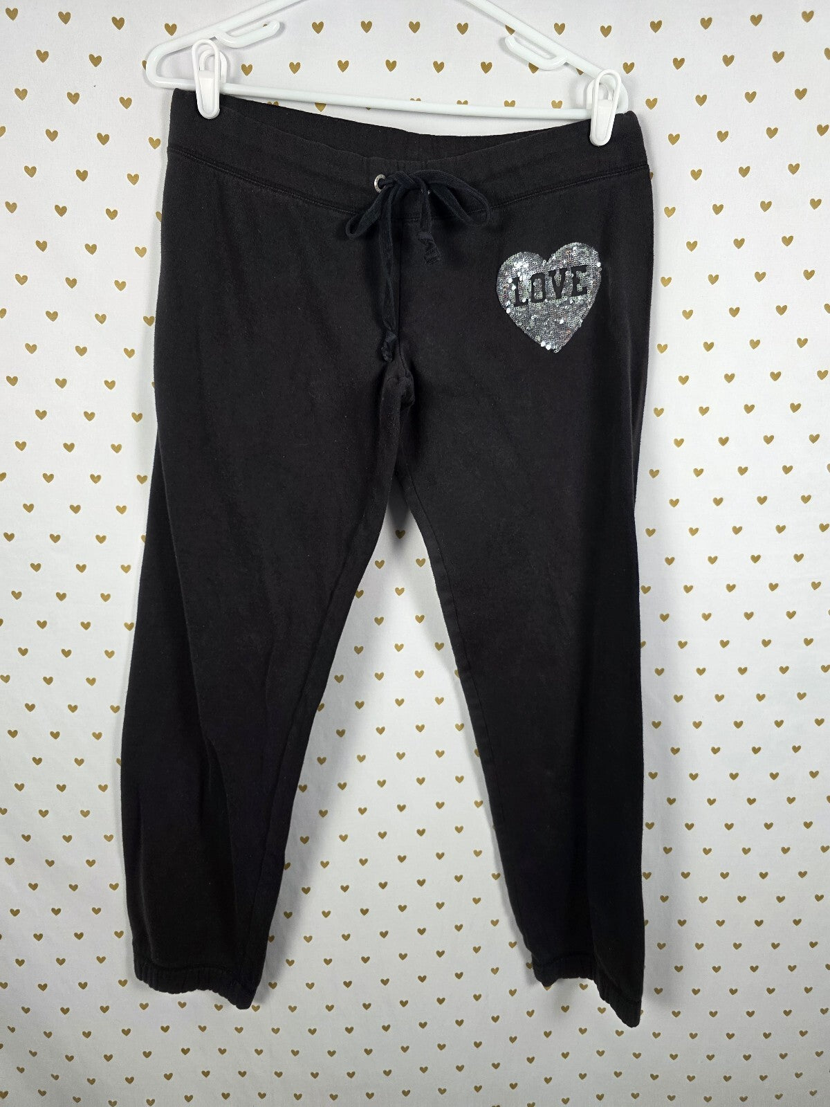 Victorias Secret PINK Vintage Y2k Black Bling Sequined Heart Sweats Sweatpants S