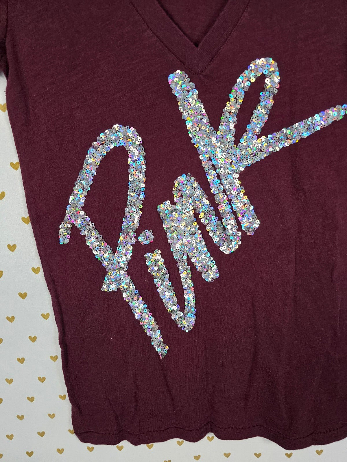 Victorias Secret PINK Maroon Bling Sequined V neck tee shirt Small