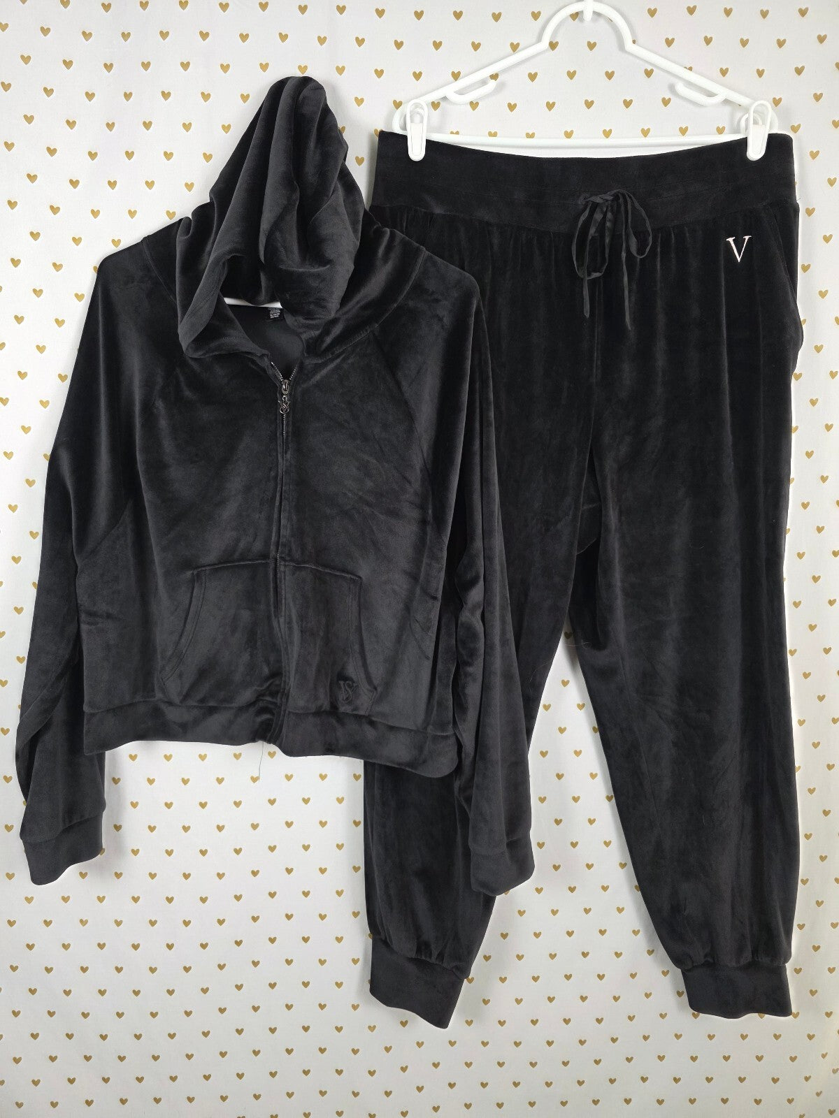 Victorias Secret Black Velour On Point Full Zip Hoodie Jacket Sweats XL