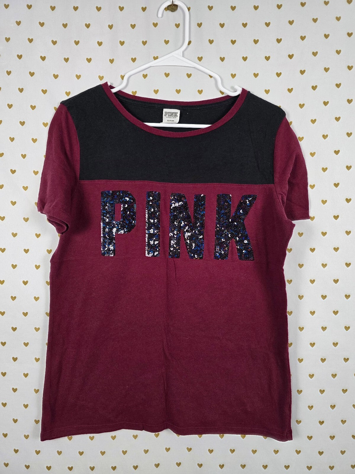 Victorias Secret PINK Maroon Bling Colorblock Sequined Tee shirt MEDIUM