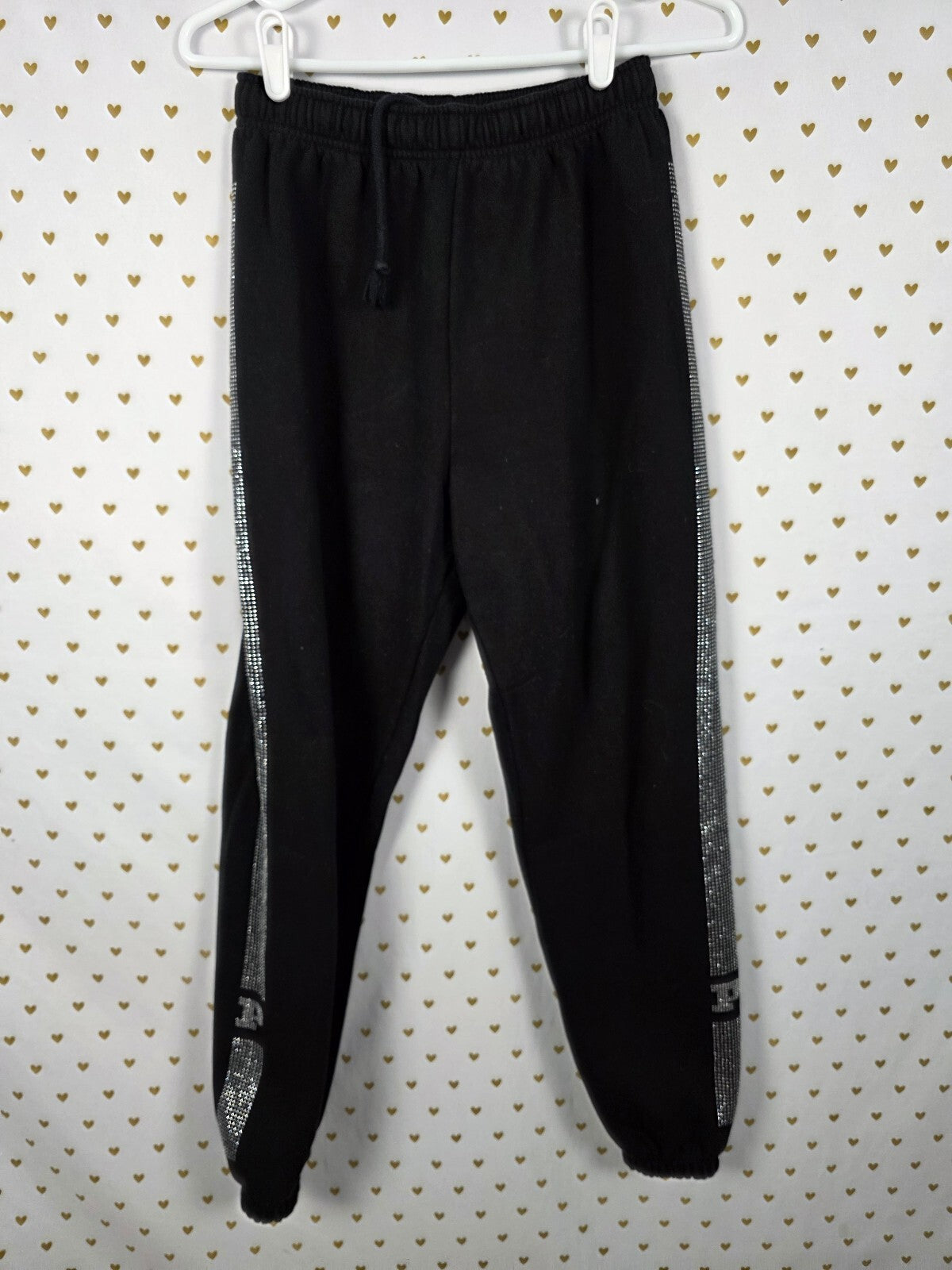 Victoria's Secret PINK Black Rhinestone Stripe Hoodie Jogger Set XS Bling
