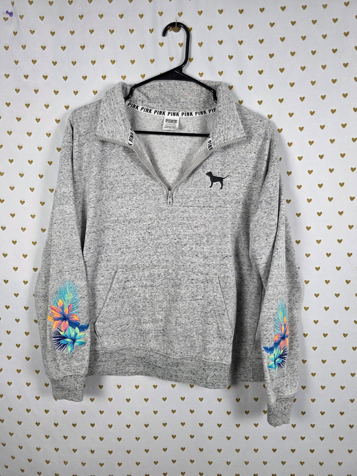 Victorias Secret Pink Embroidered Hibiscus Quarter Zip Grey Sweater SMALL
