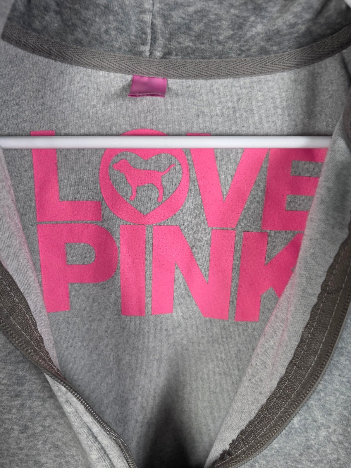 PINK Victoria's Secret Velour Zip Hoodie Gray Dog Zipper Logo Jacket Medium