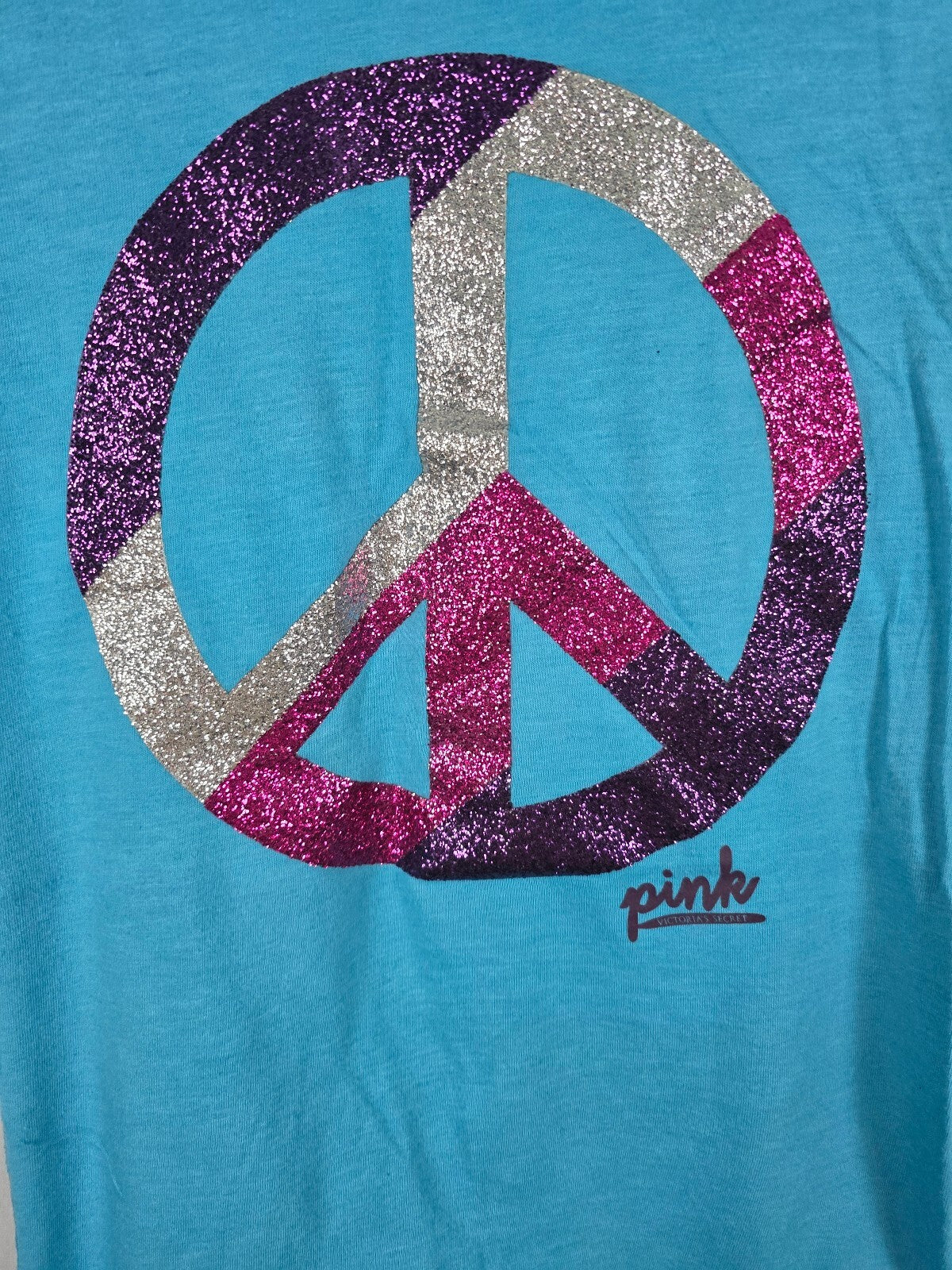 Victorias Secret PINK Vintage Bling Glitter Peace tee shirt Blue SMALL cotton
