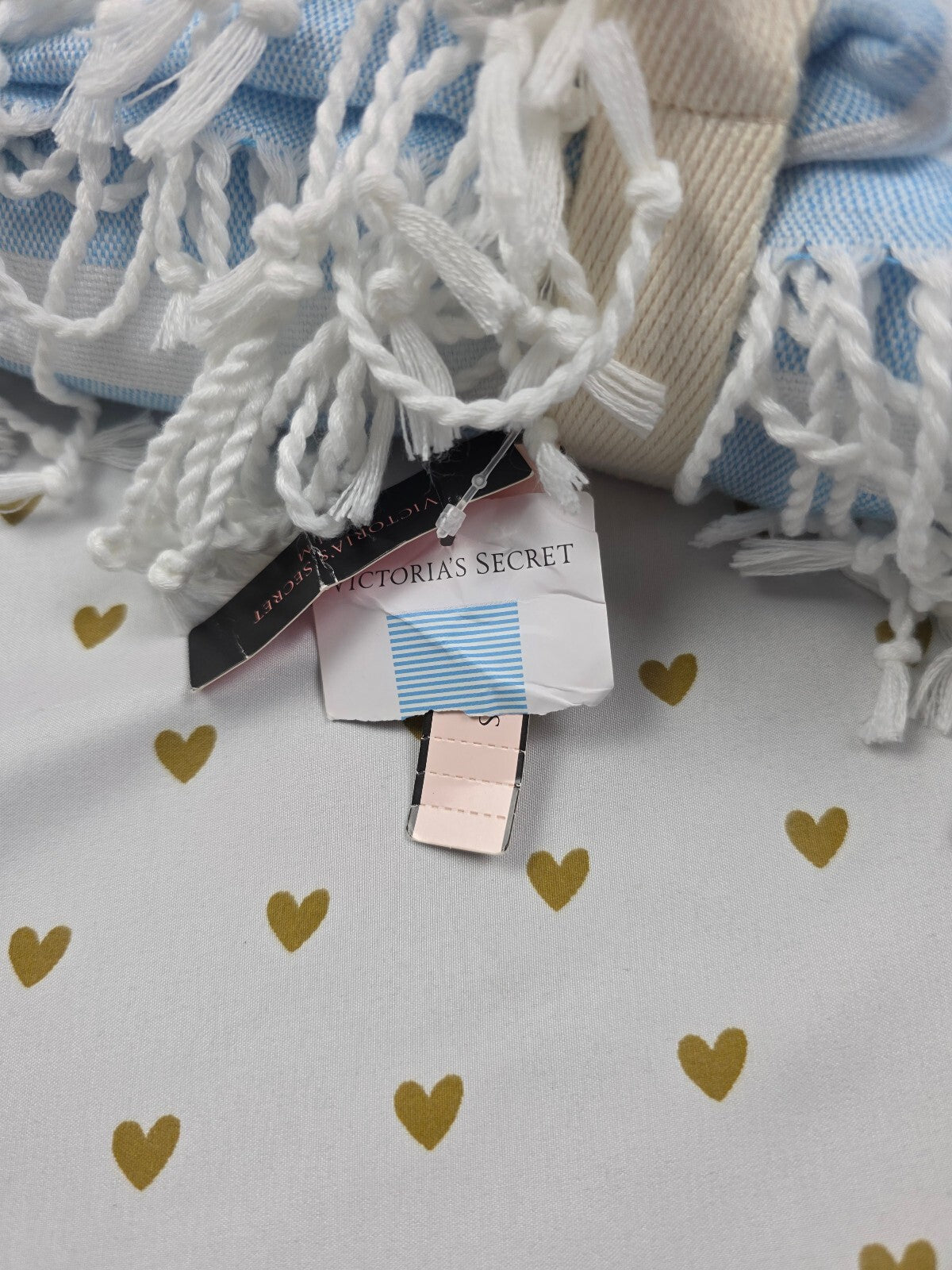 Victoria’s Secret Blue White Stripe Beach Blanket NWT Fringe Carry Strap VS