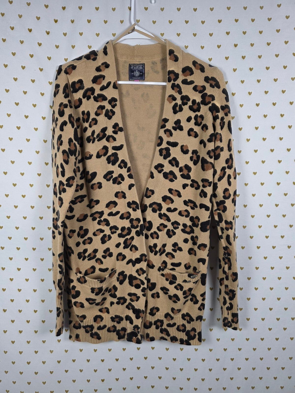 Victoria's Secret PINK Leopard Cardigan Sweater L Tan Animal Print 100% Cotton