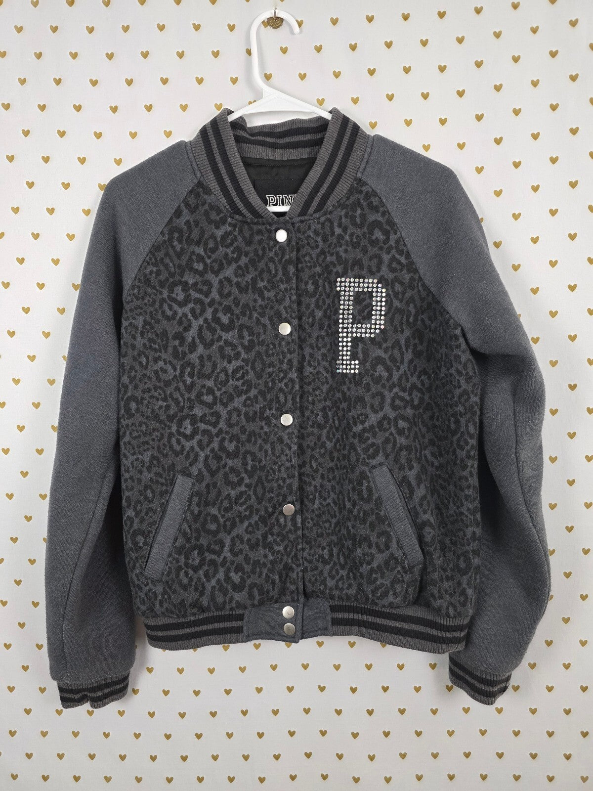 Victorias Secret Pink BLING CHEETAH LEOPARD Logo Varsity Bomber Medium