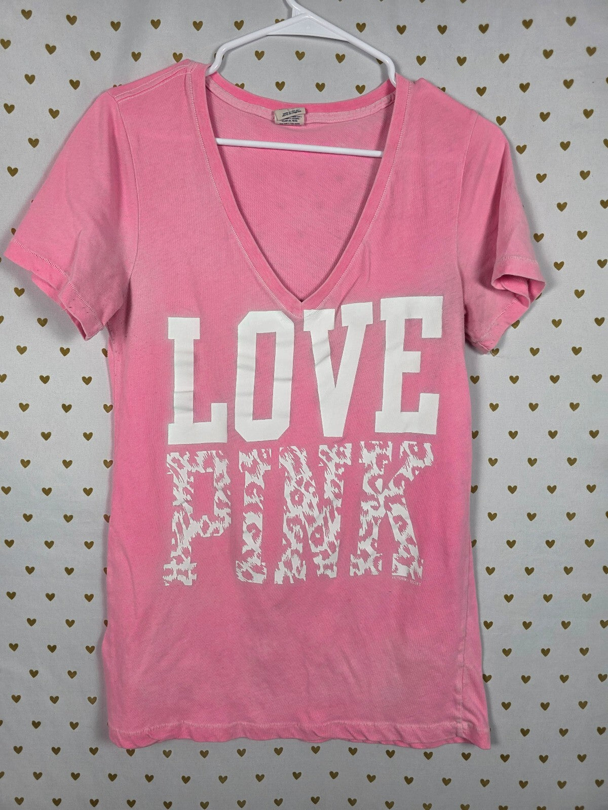 Victorias Secret PINK V Neck Leopard Cheetah Logo Tee shirt Large